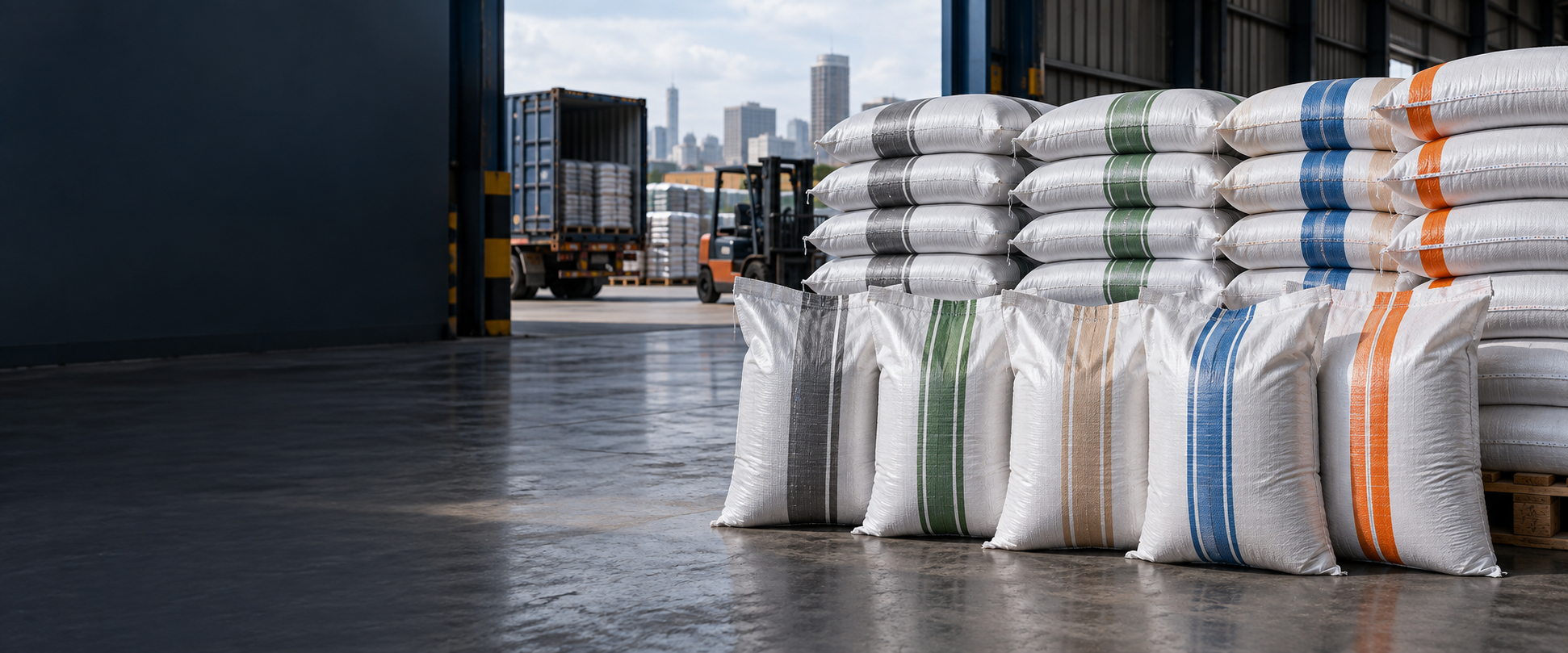 Stacks of woven polypropylene sacks in a modern warehouse